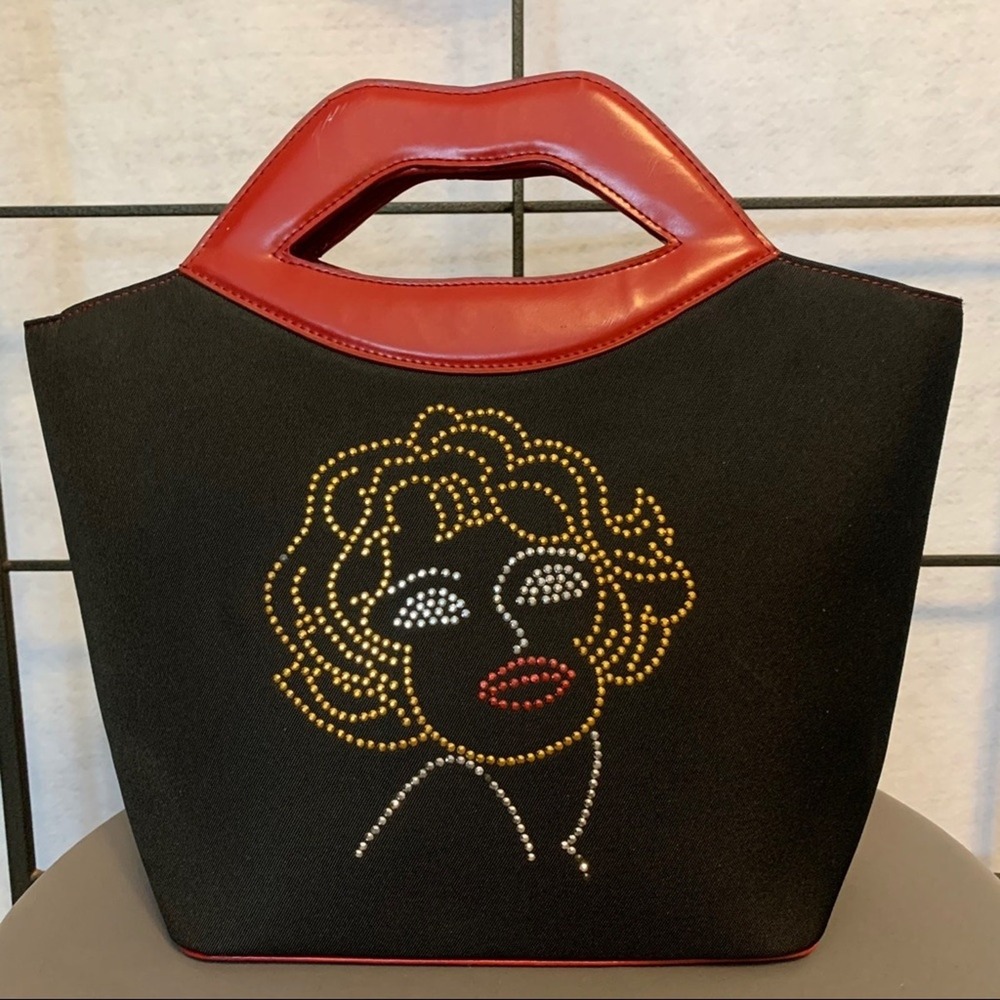 Novelty Lip Handle Tote Bag Black Red Good‎ Rhinestone Face